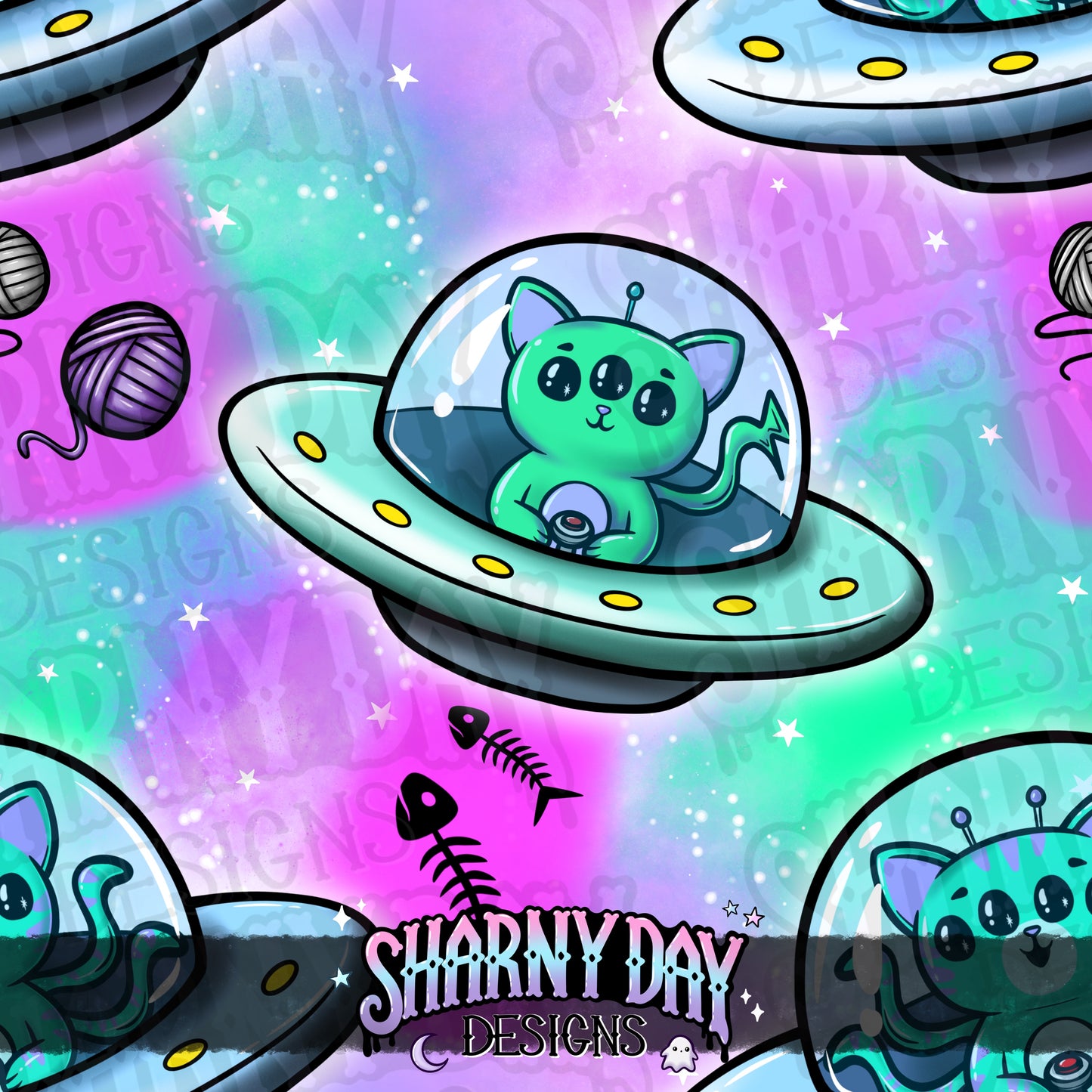 Alien Kitties Exclusive Seamless Pattern Design