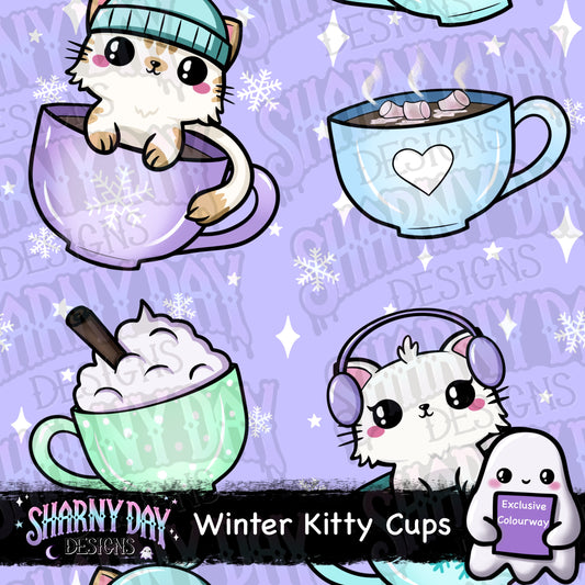 Winter Kitty Cups Exclusive Seamless Pattern Design