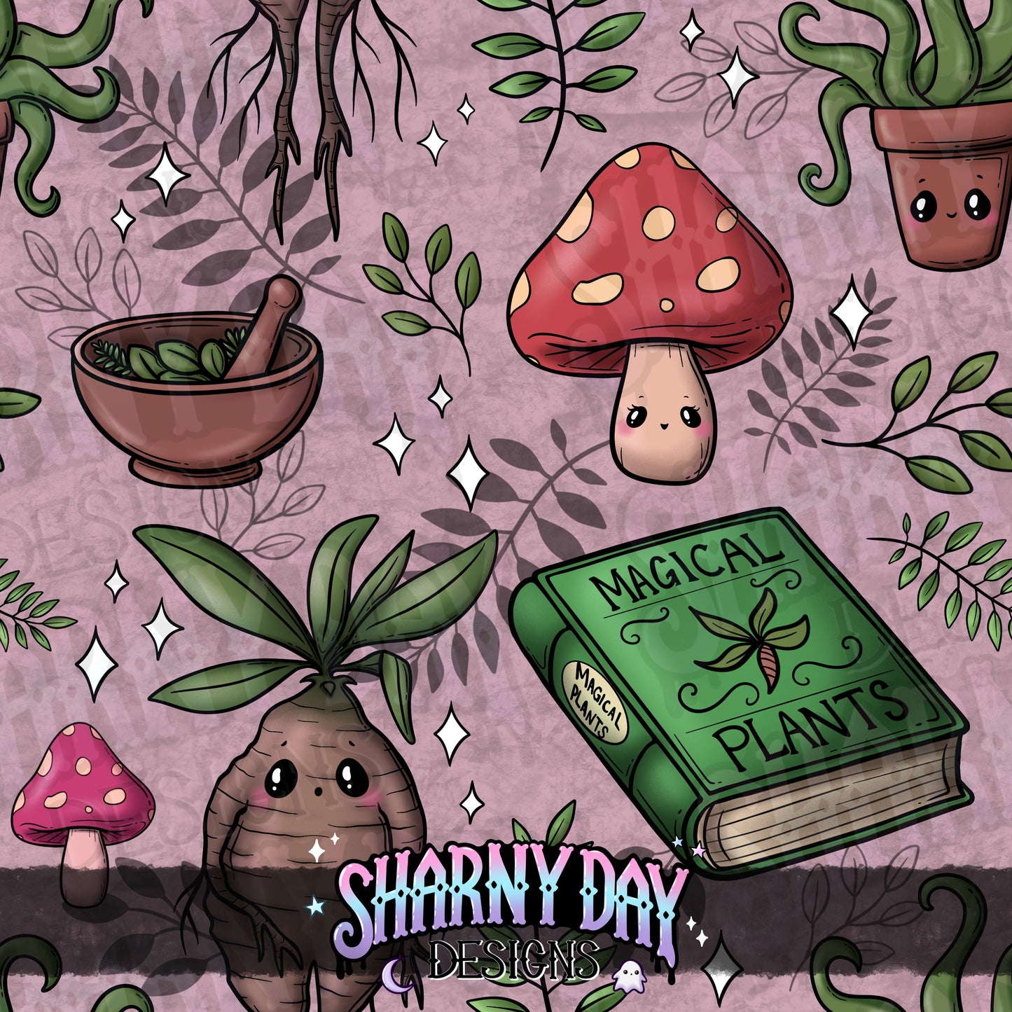 Kawaii Magical Plants Limited Seamless Pattern