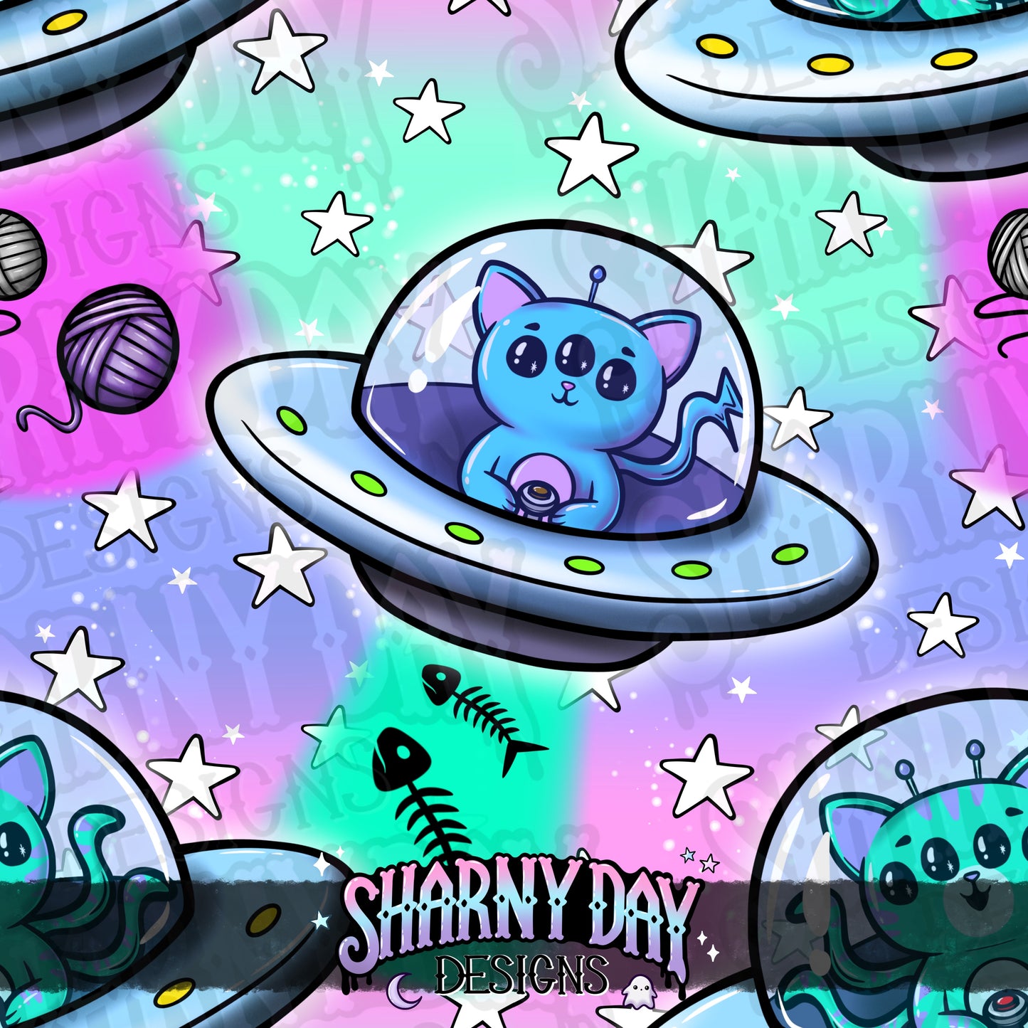 Alien Kitties Exclusive Seamless Pattern Design