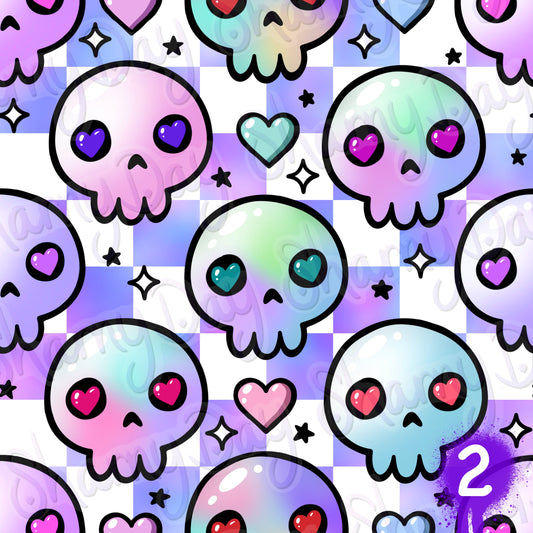 Kawaii Heart Skulls Exclusive Seamless Pattern