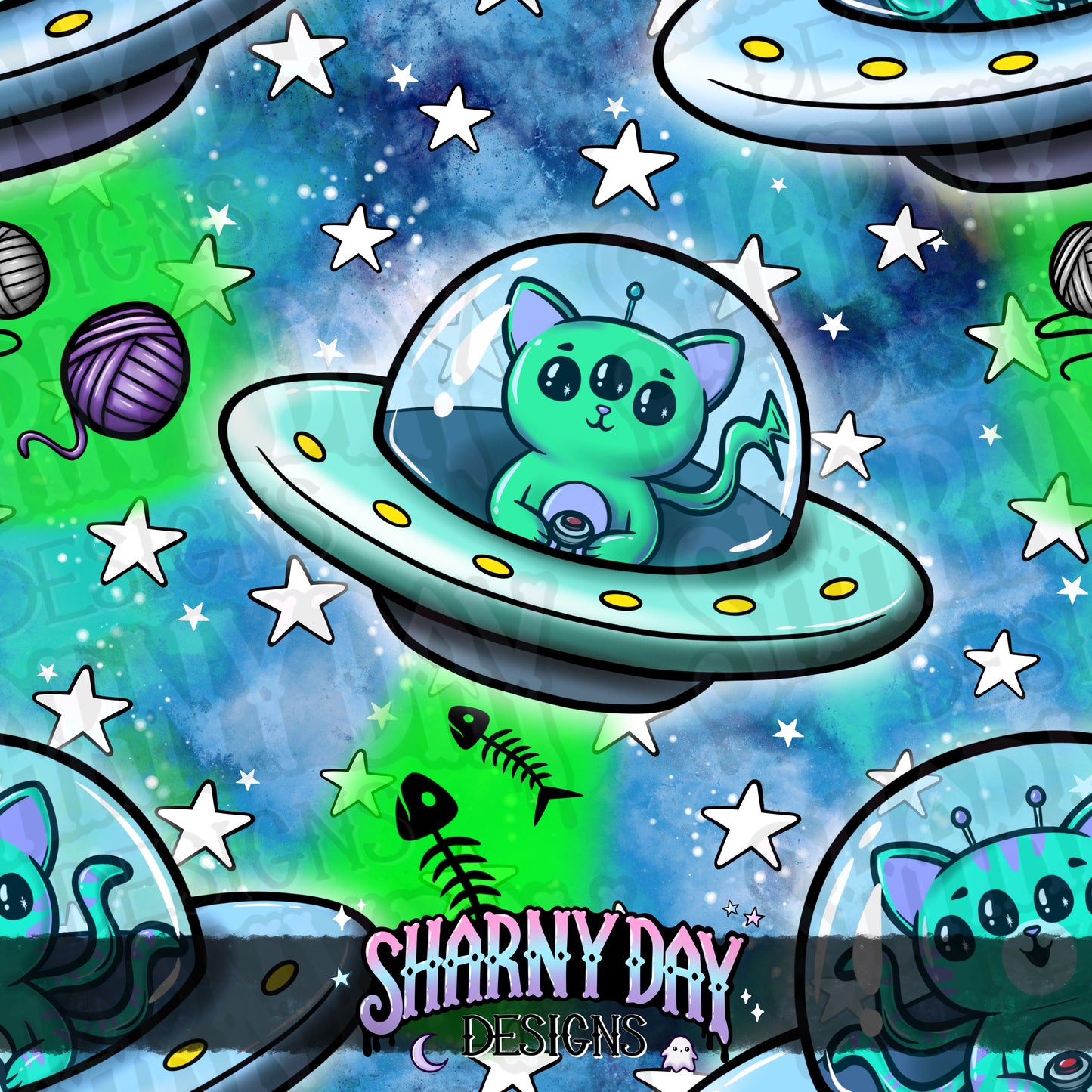 Alien Kitties Exclusive Seamless Pattern Design