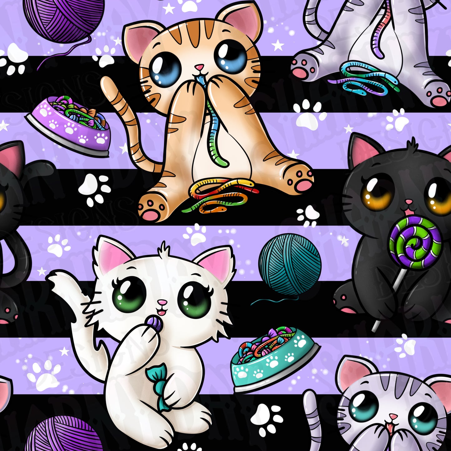 Candy Eating Kittens Exclusive Seamless Pattern Design