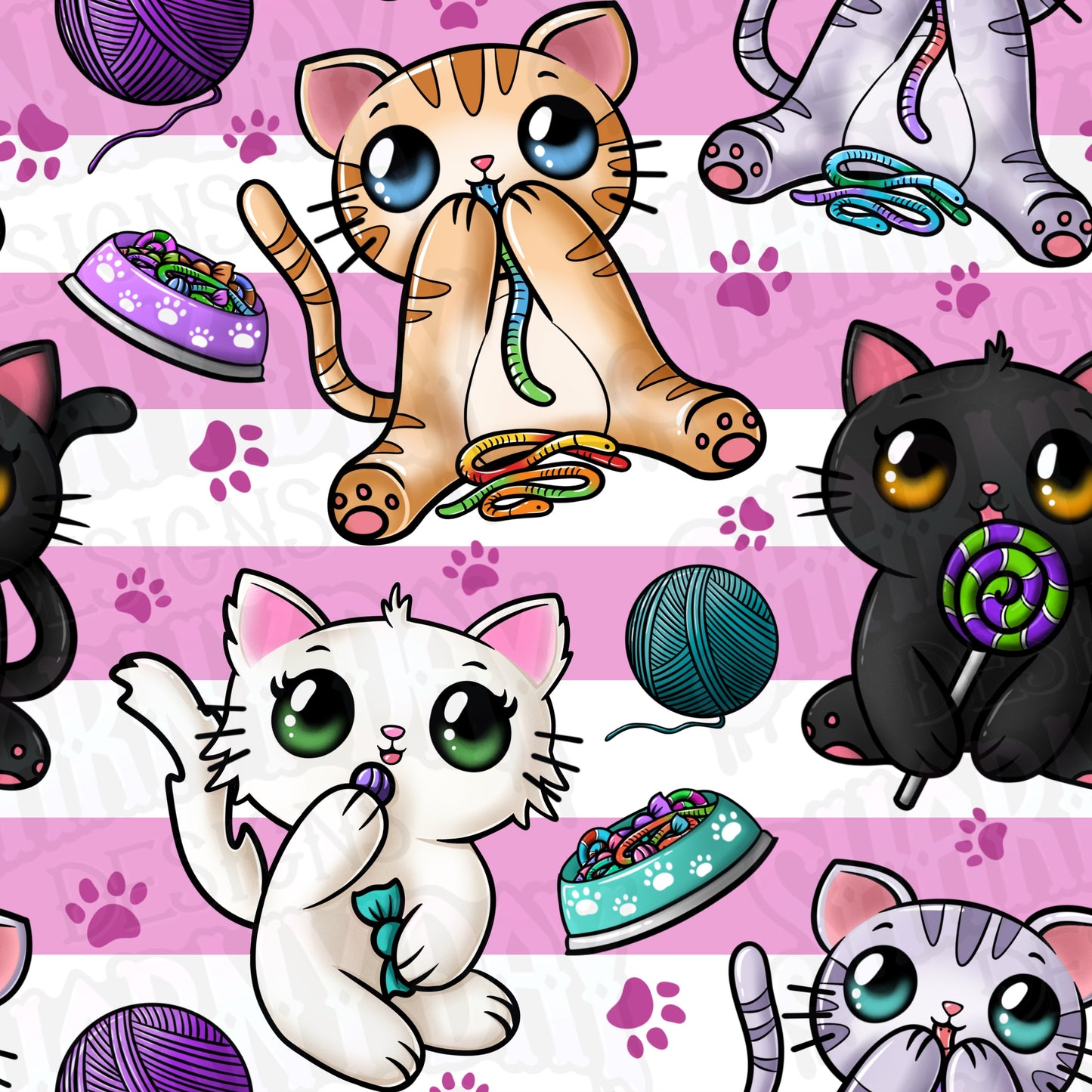 Candy Eating Kittens Exclusive Seamless Pattern Design