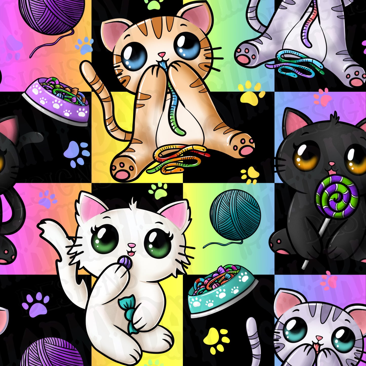 Candy Eating Kittens Exclusive Seamless Pattern Design