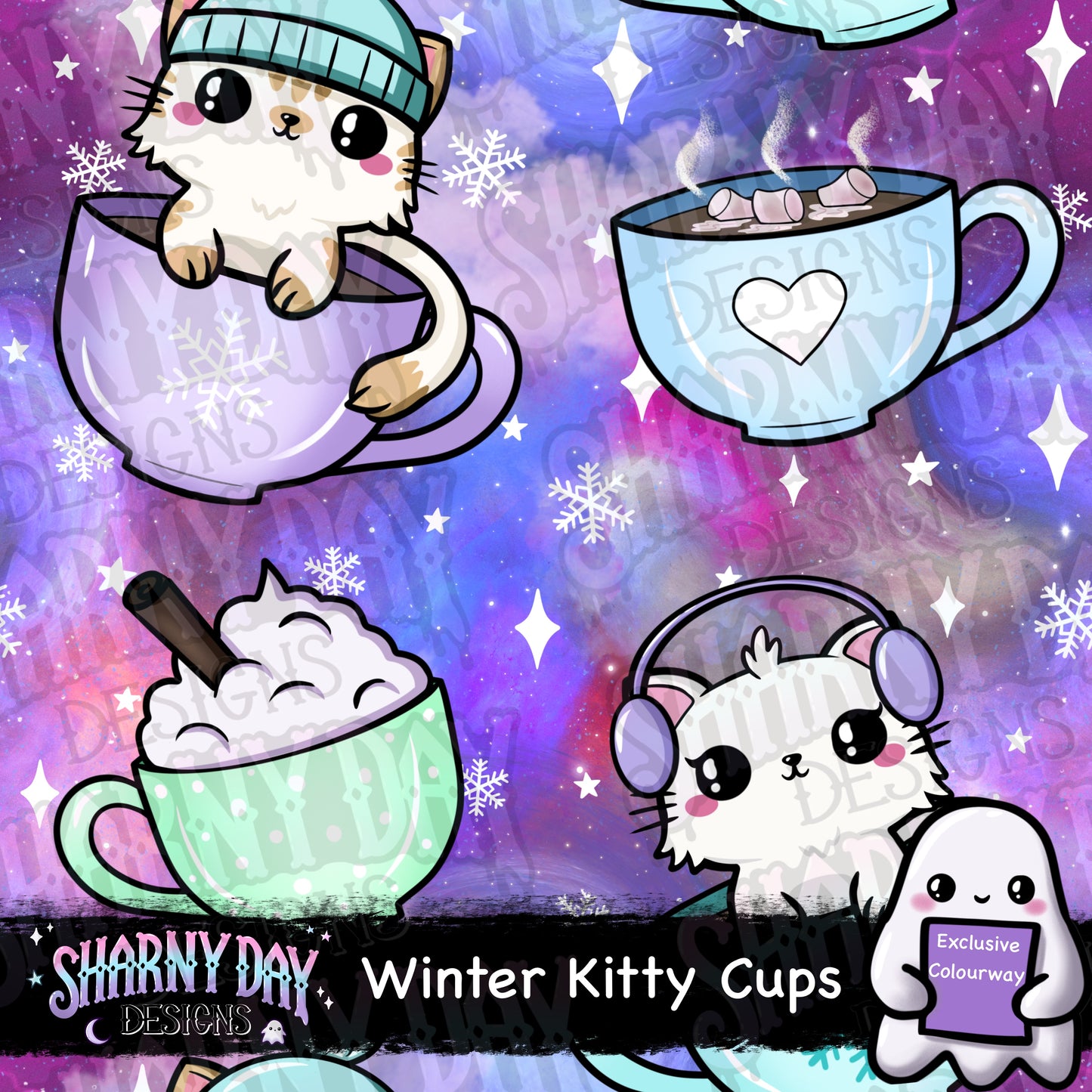 Winter Kitty Cups Exclusive Seamless Pattern Design