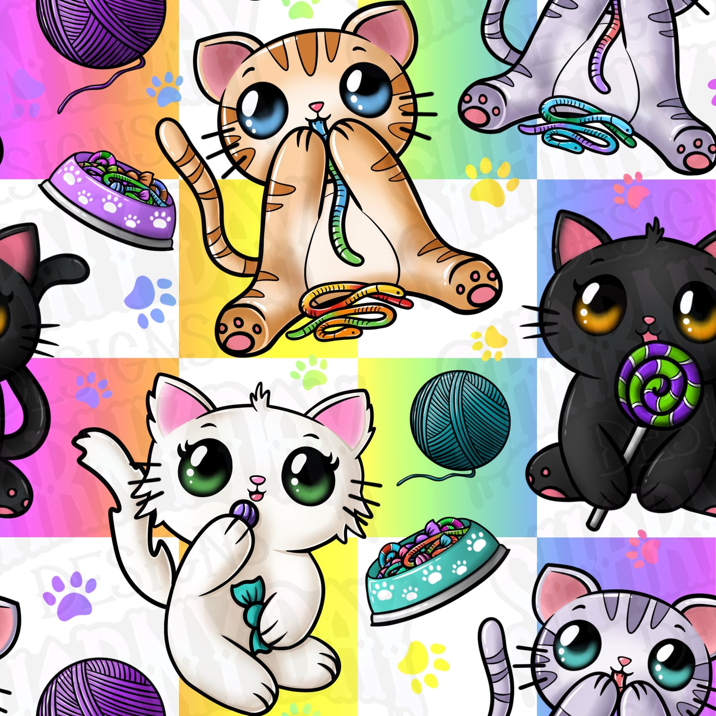 Candy Eating Kittens Exclusive Seamless Pattern Design
