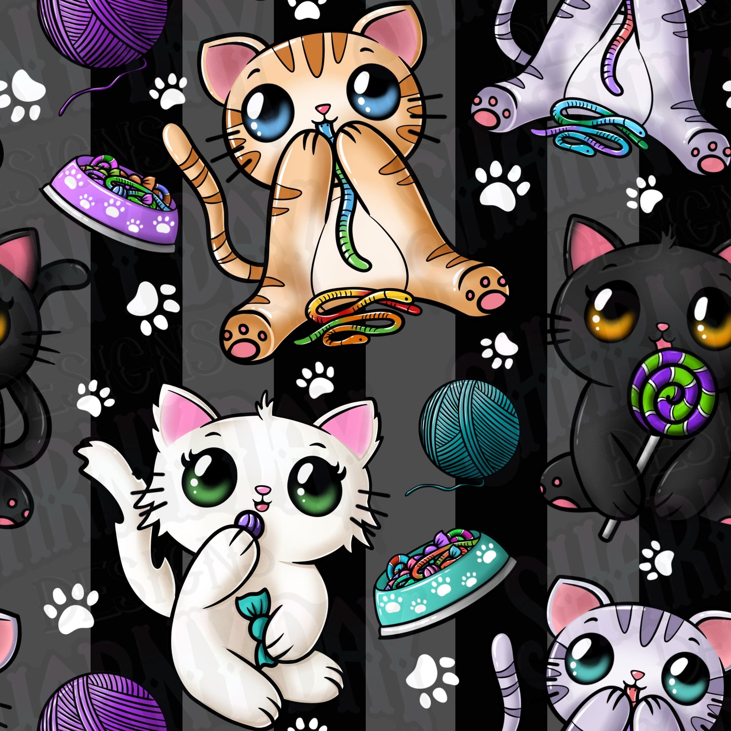 Candy Eating Kittens Exclusive Seamless Pattern Design