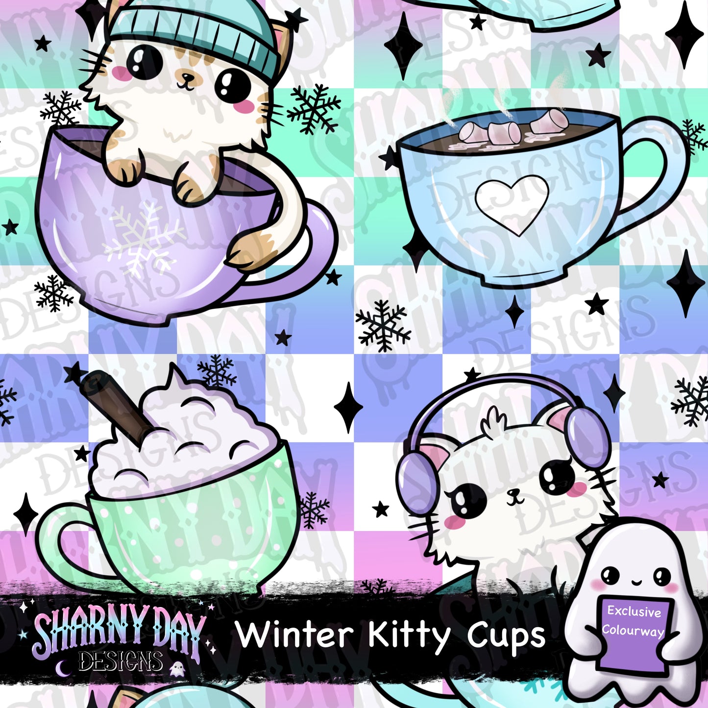Winter Kitty Cups Exclusive Seamless Pattern Design