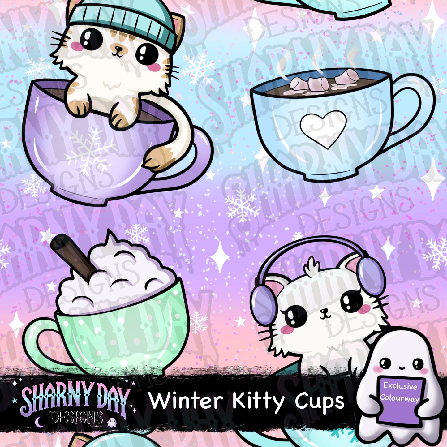 Winter Kitty Cups Exclusive Seamless Pattern Design