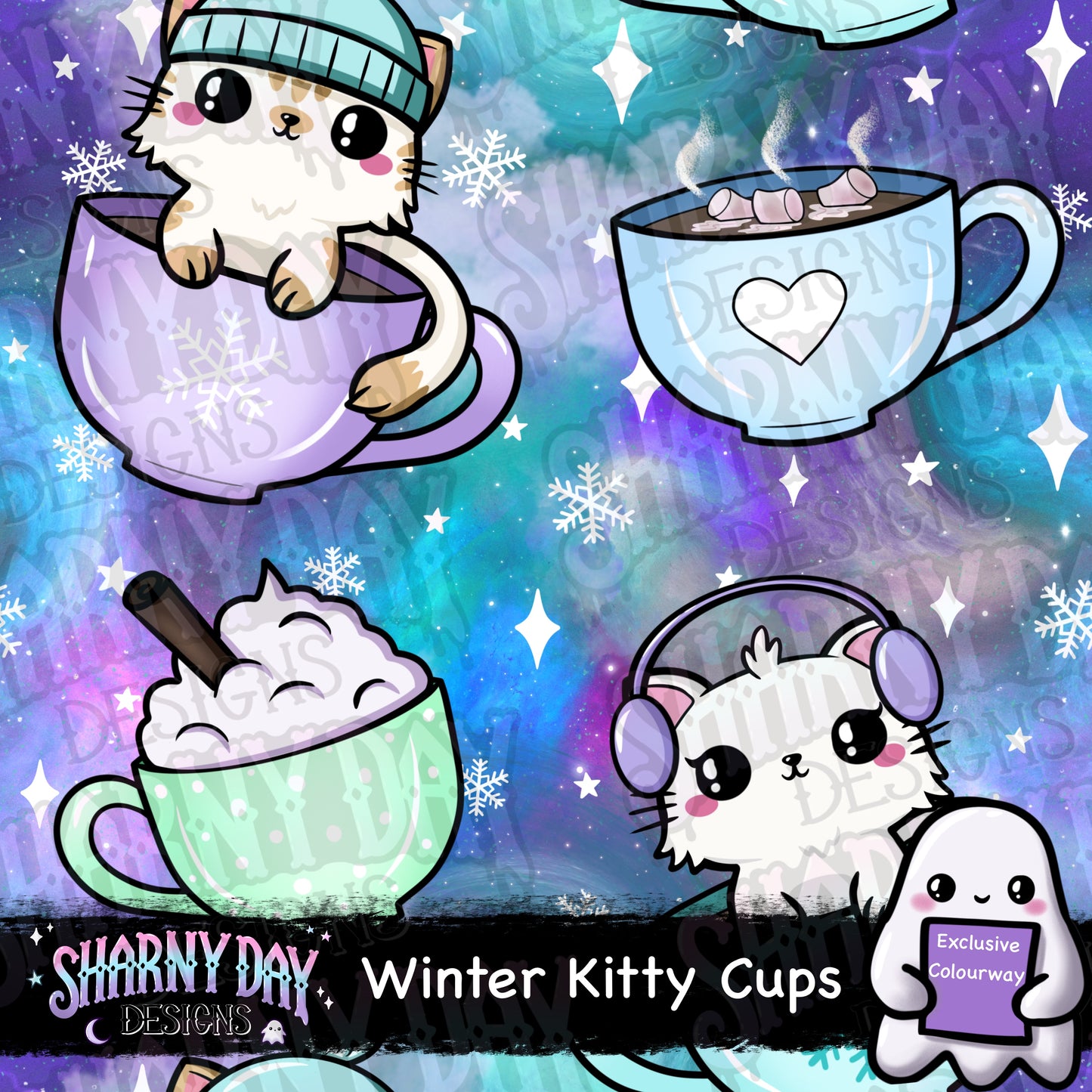 Winter Kitty Cups Exclusive Seamless Pattern Design