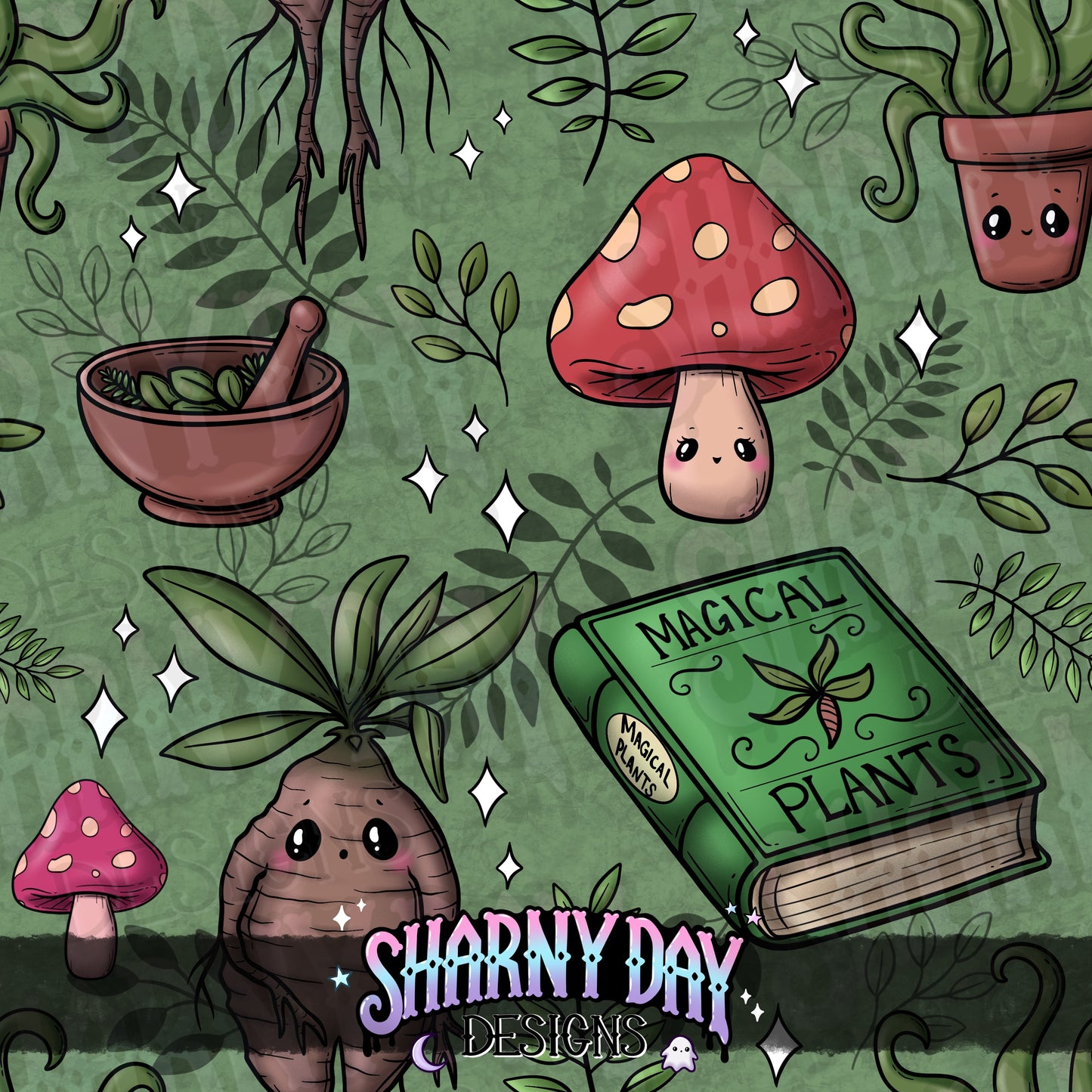 Kawaii Magical Plants Limited Seamless Pattern