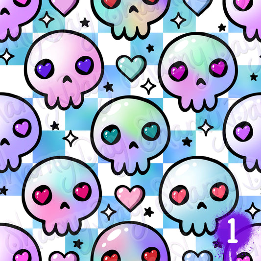 Kawaii Heart Skulls Exclusive Seamless Pattern