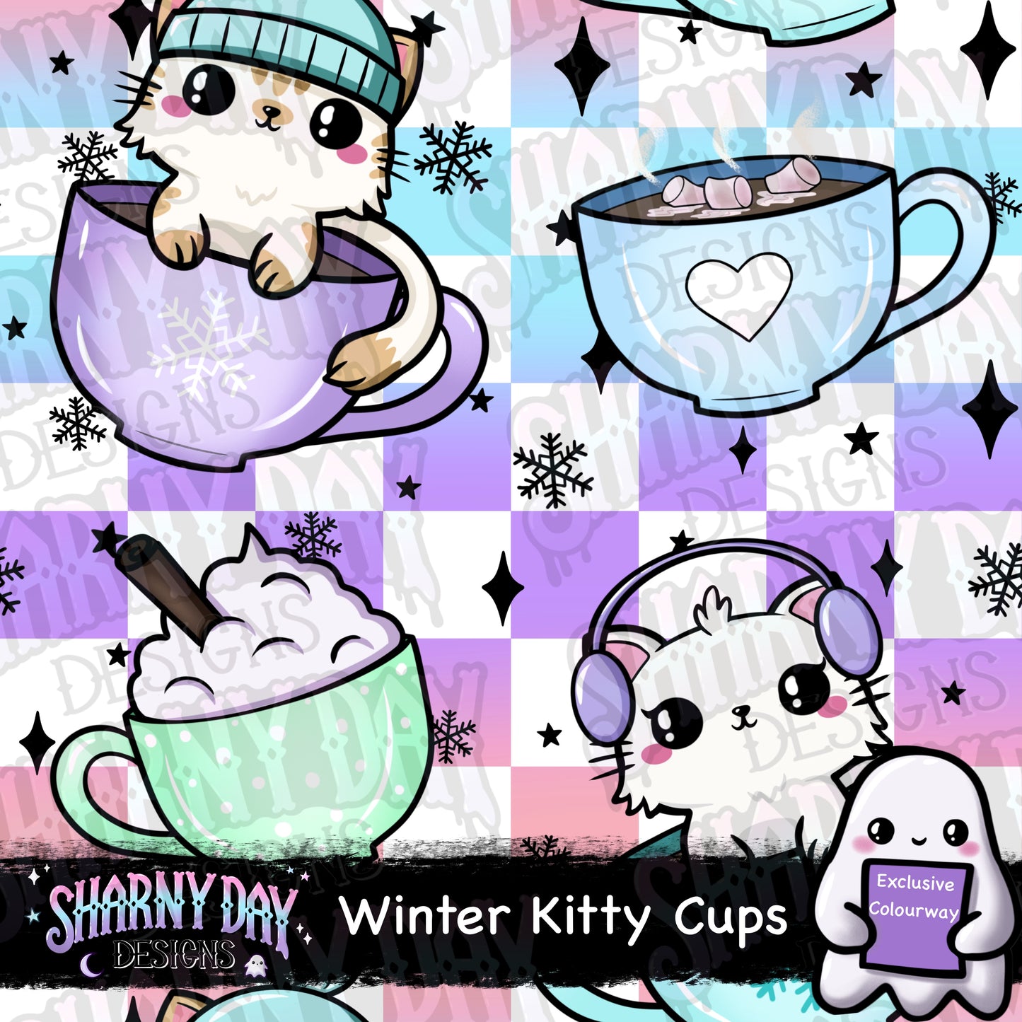 Winter Kitty Cups Exclusive Seamless Pattern Design