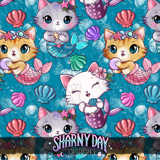 Kawaii Kitty Mermaids Exclusive Seamless Pattern Design