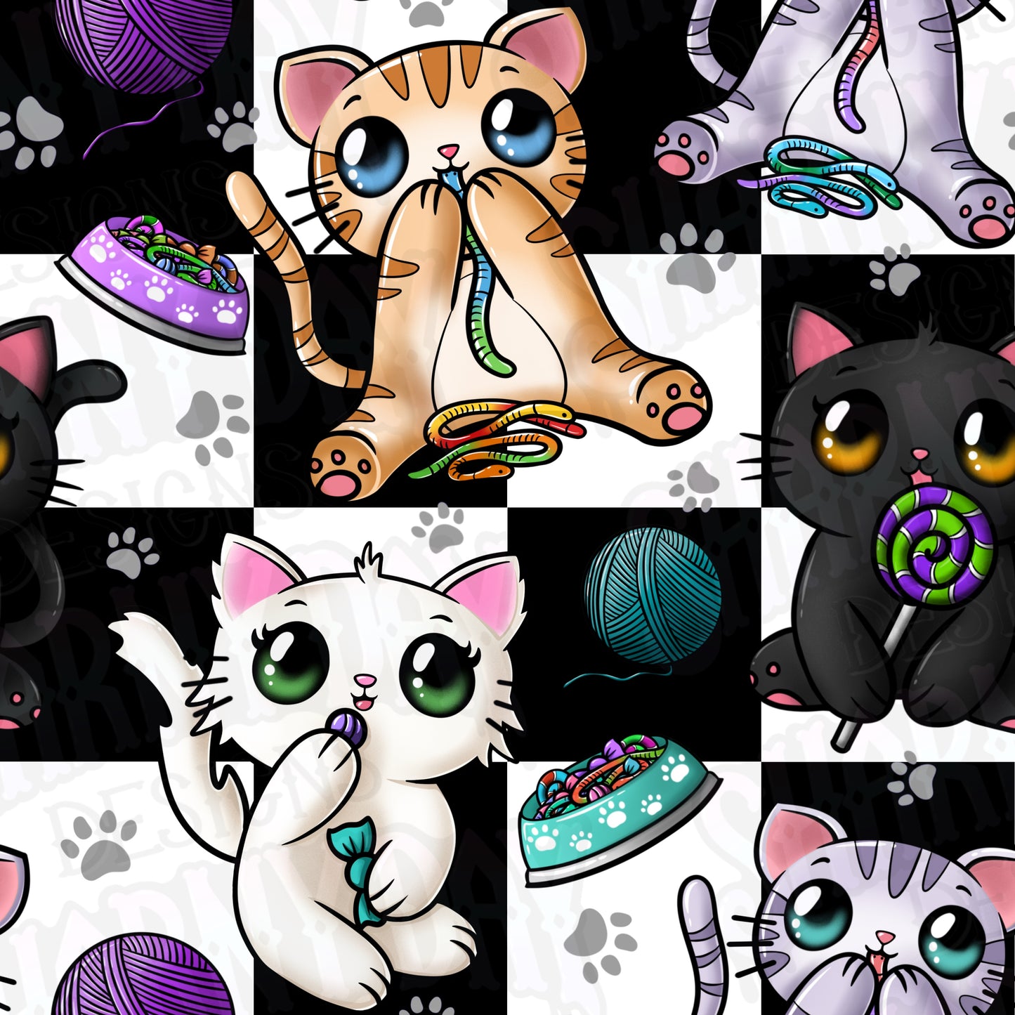 Candy Eating Kittens Exclusive Seamless Pattern Design