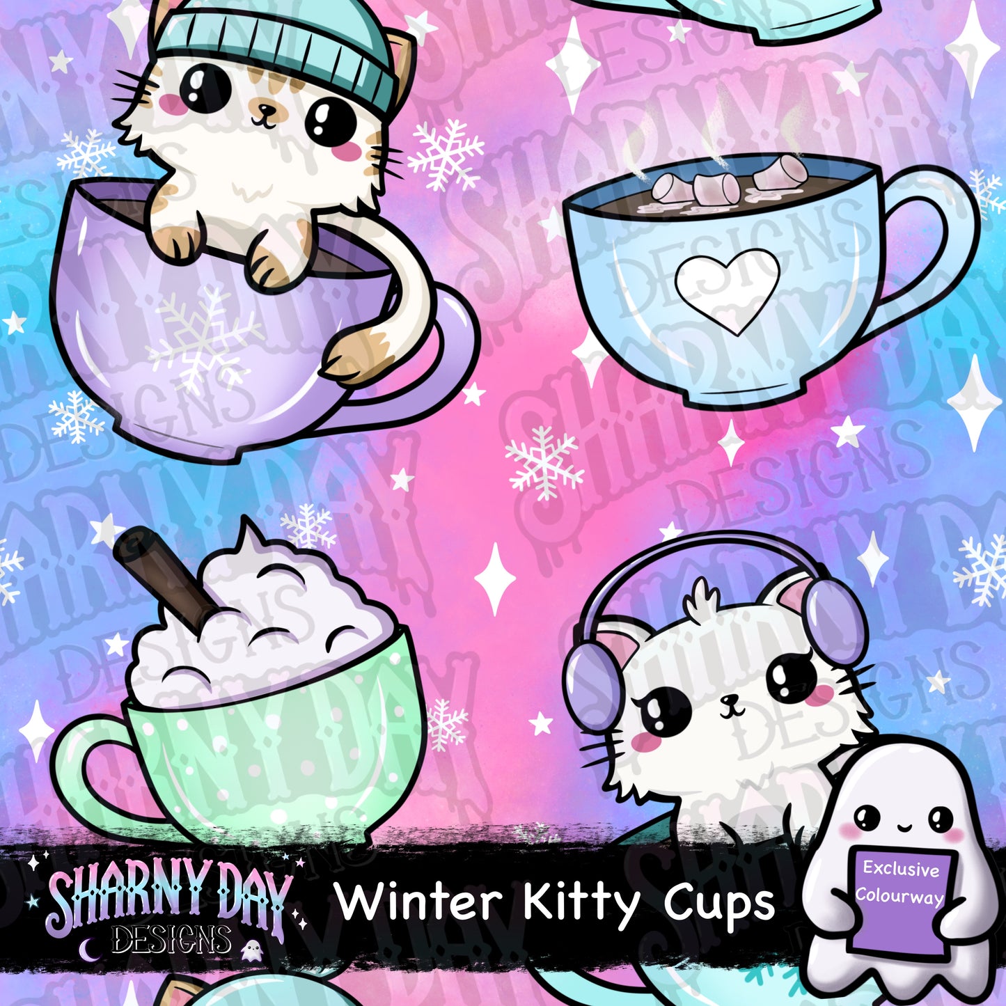 Winter Kitty Cups Exclusive Seamless Pattern Design