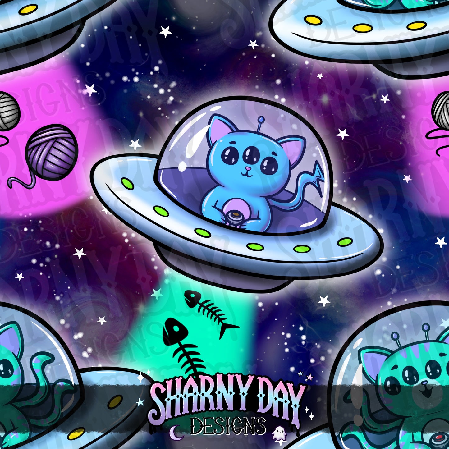 Alien Kitties Exclusive Seamless Pattern Design