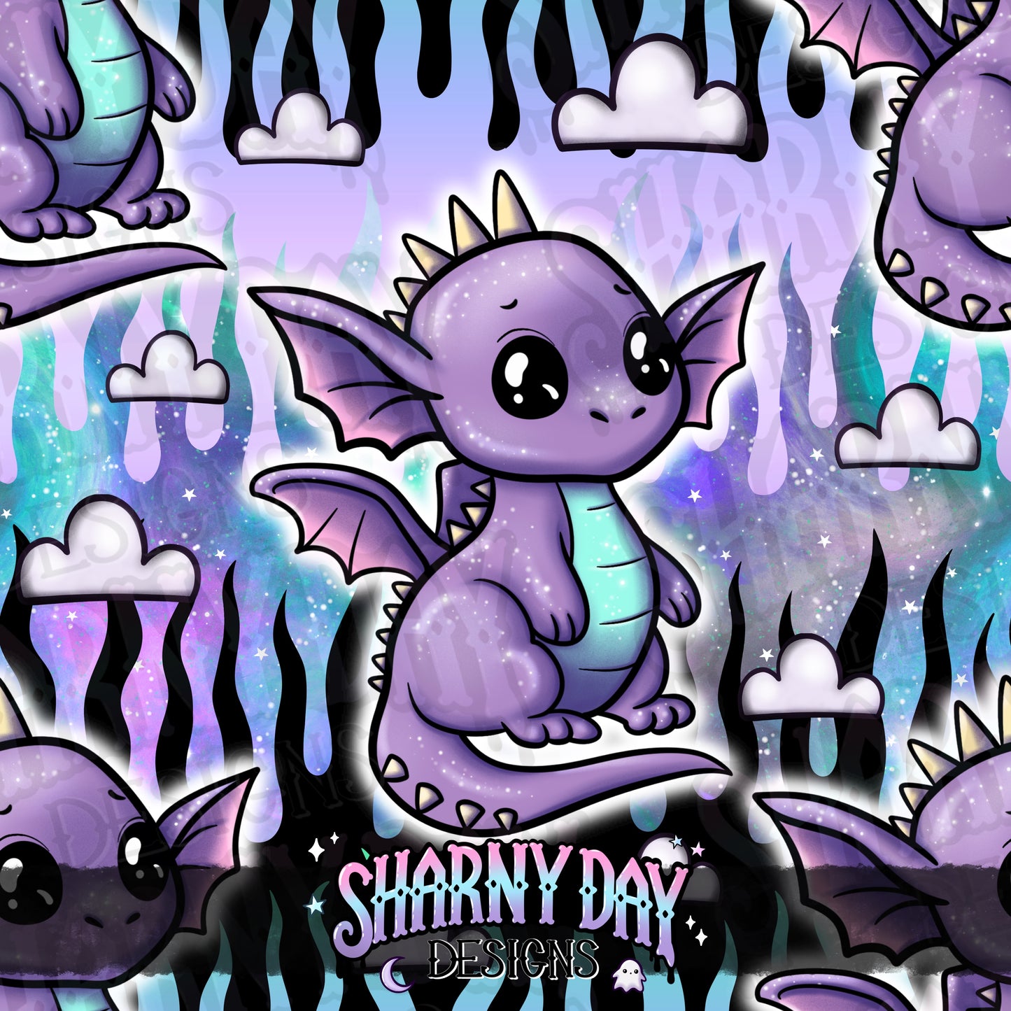 HEXTOBER - Sparkle Kawaii Dragon Exclusive Seamless Pattern Design