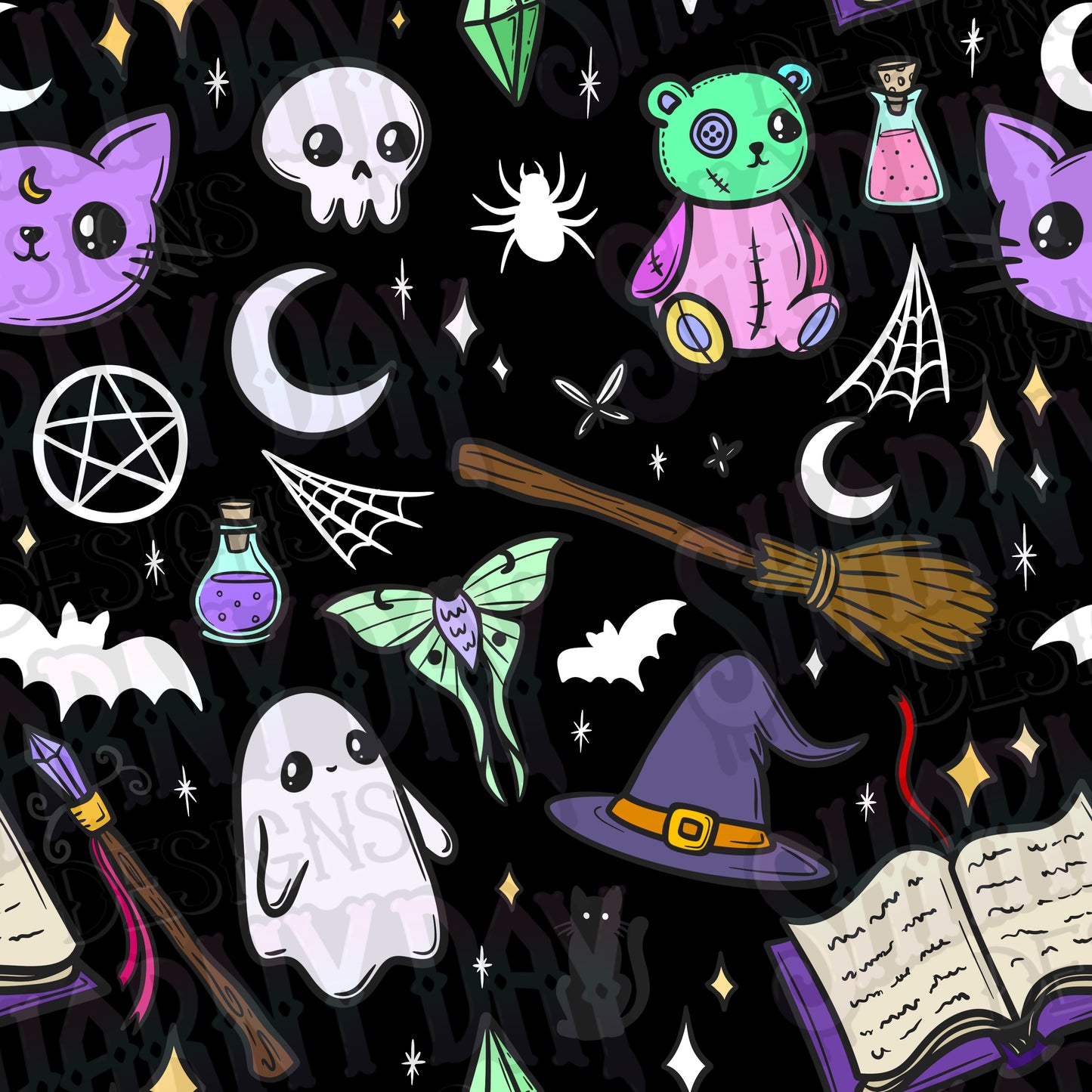 Spoopy Colour Doodles non-exclusive Seamless Pattern Design