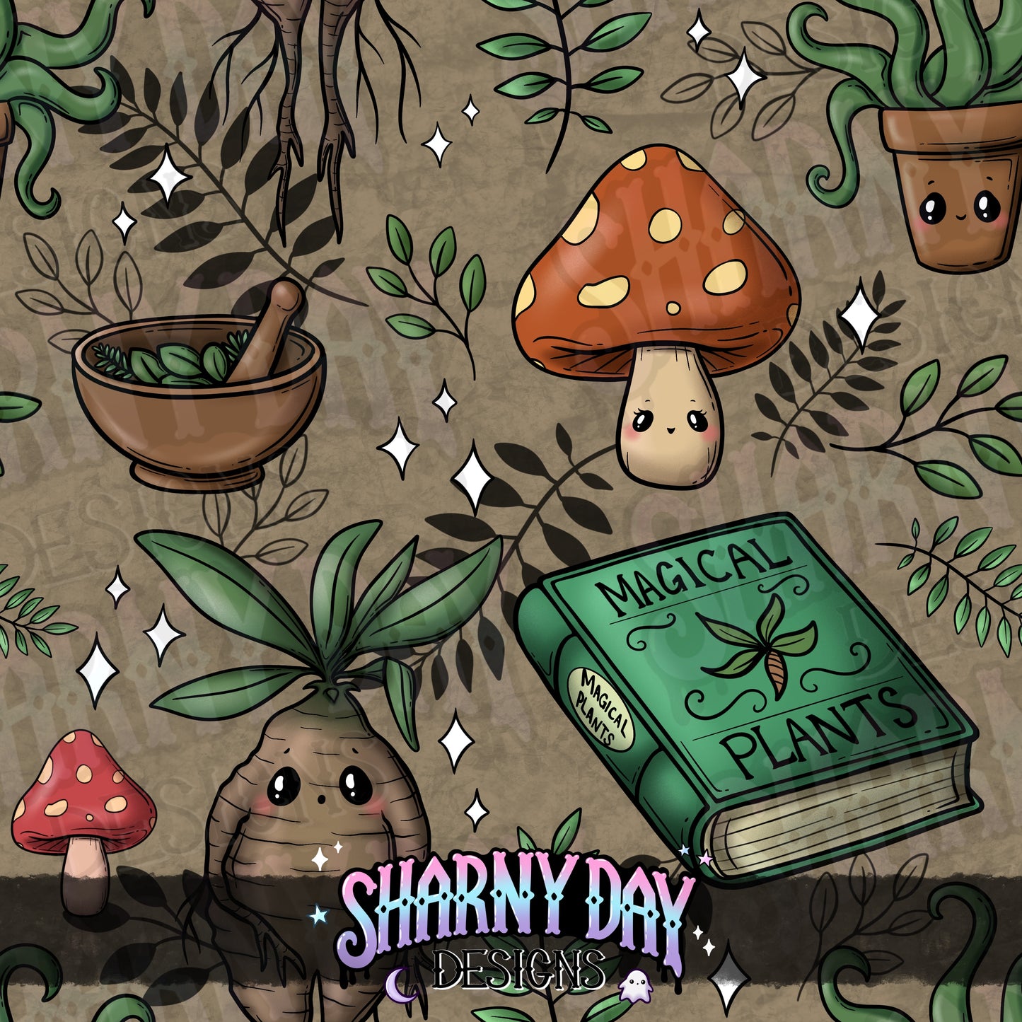Kawaii Magical Plants Limited Seamless Pattern