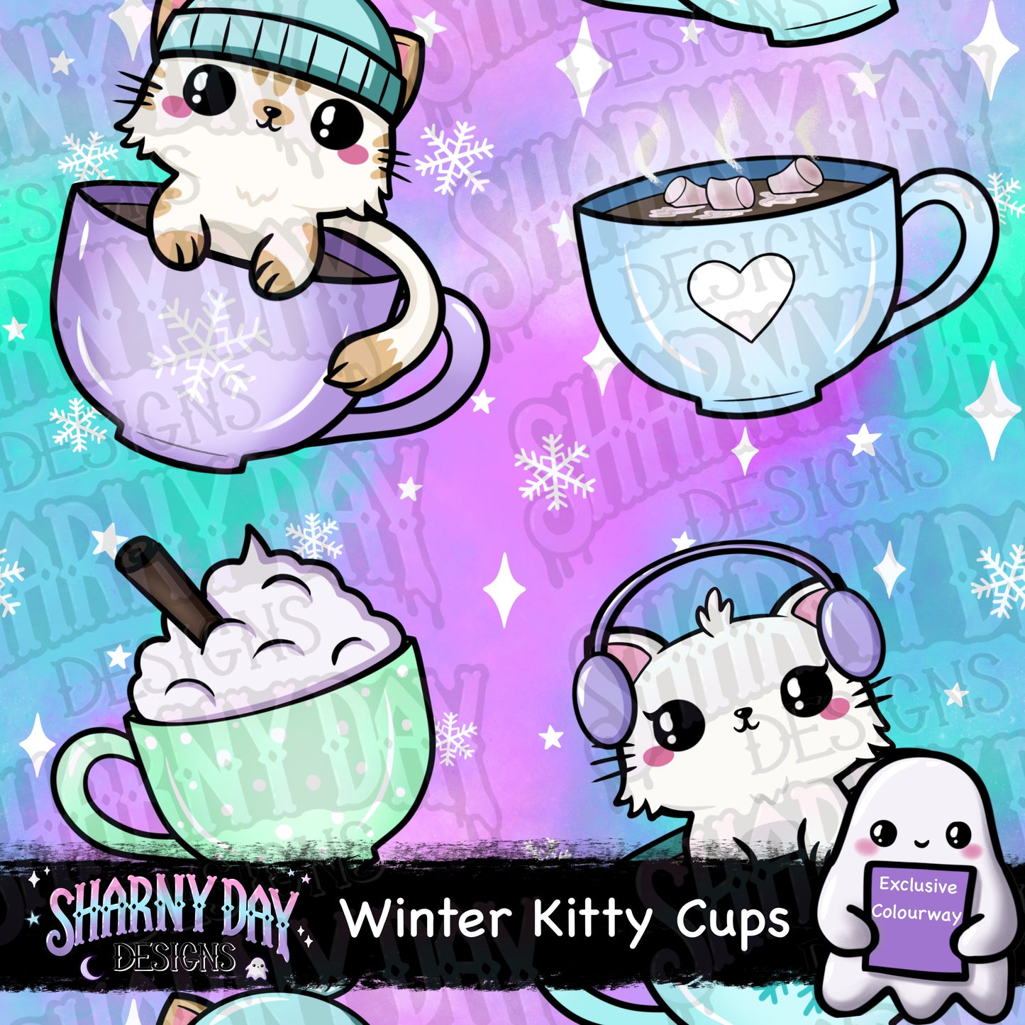 Winter Kitty Cups Exclusive Seamless Pattern Design