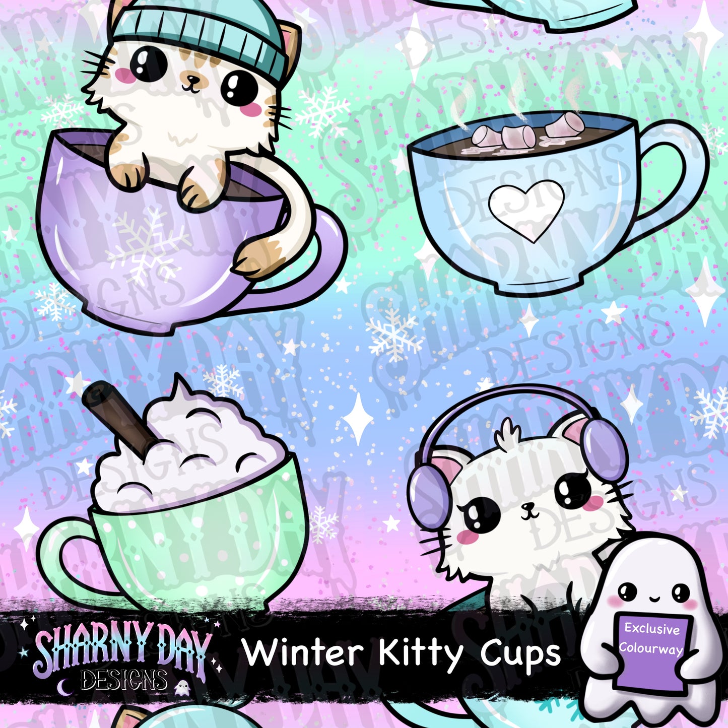 Winter Kitty Cups Exclusive Seamless Pattern Design