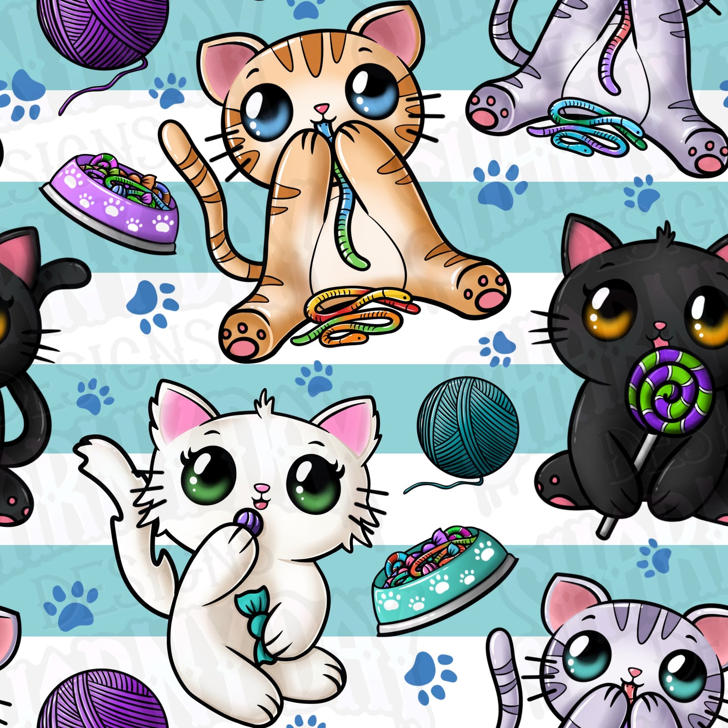Candy Eating Kittens Exclusive Seamless Pattern Design