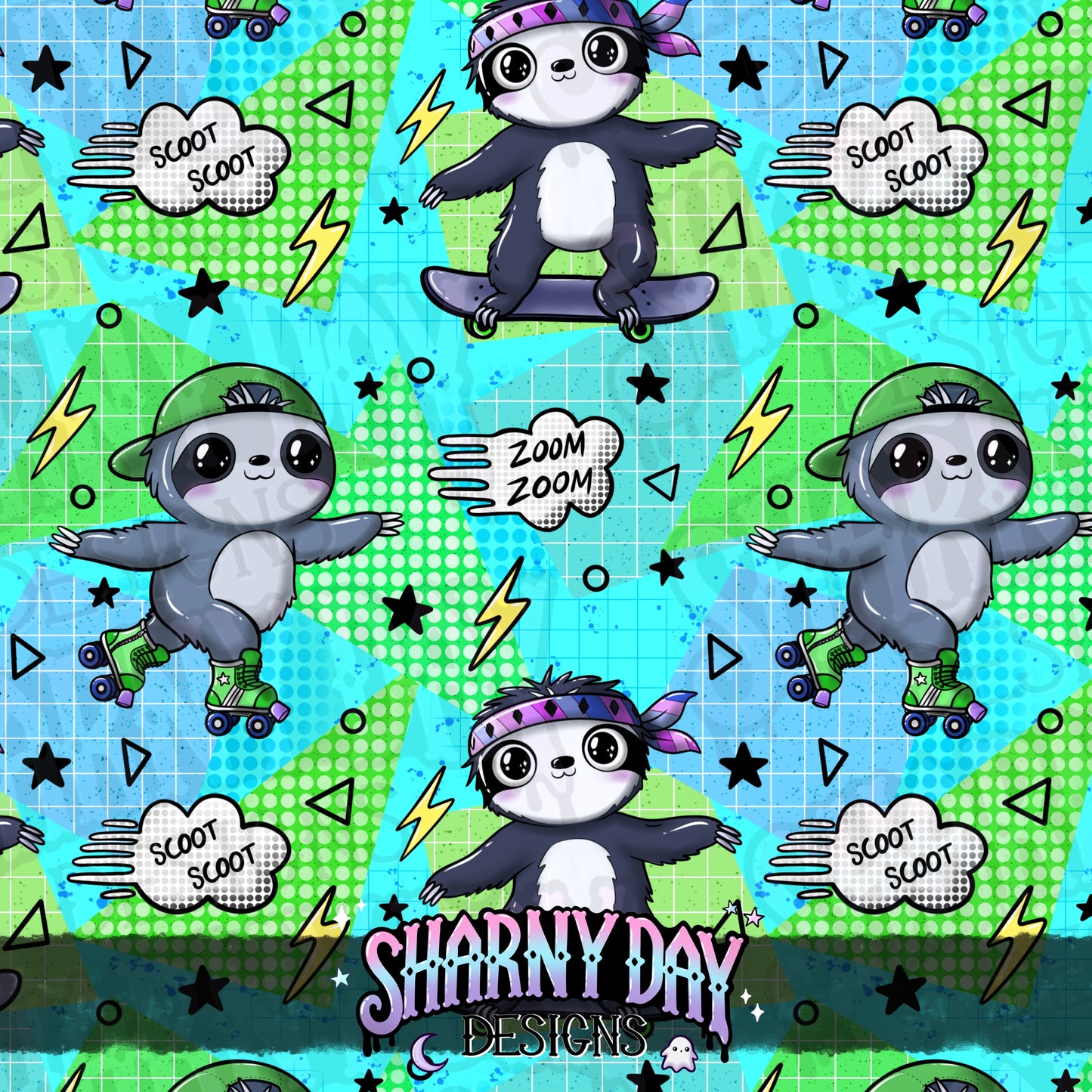 Skating Sloths Exclusive Seamless Pattern